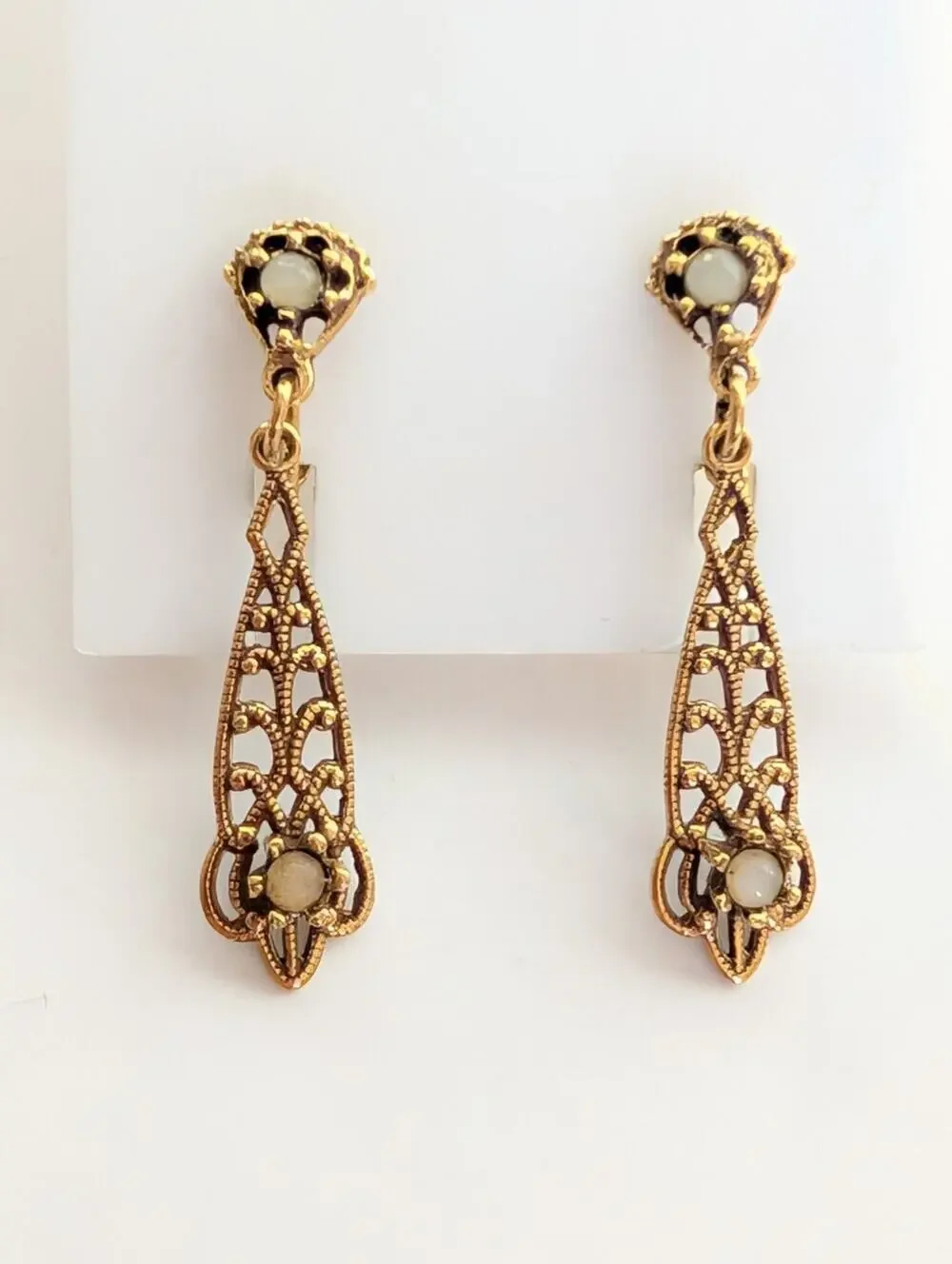 Vintage Antique Gold Tone Filigree Art Deco Faux Pearl Dangle Clip On Earrings